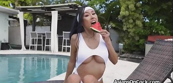  Big tit Asian teen screams on fat white dick